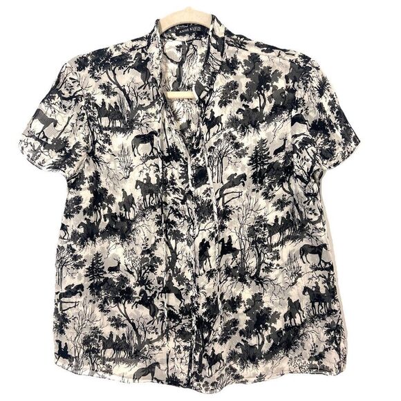 Anne Klein Silk Blouse Size S Tie Front Short Sleeve Forest Fairy Equestrian - Picture 1 of 6